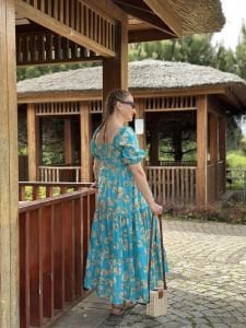 Mavi poplin kare yaka yaprak elbise