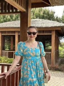 Mavi poplin kare yaka yaprak elbise
