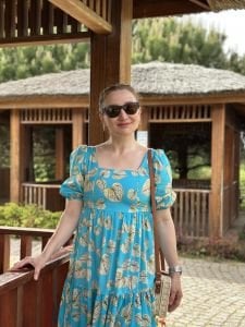 Mavi poplin kare yaka yaprak elbise