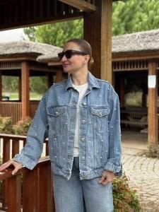 Orjinal BDG Taşlı-İncili Mavi kot ceket