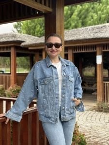 Orjinal BDG Taşlı-İncili Mavi kot ceket