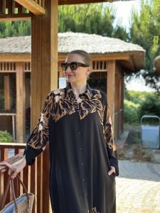 Viskon leylak pantolonlu Takım Siyah