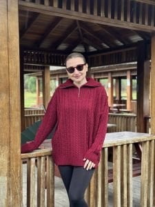 Fermuarlı uzun Saç Örgü  kazak Bordo