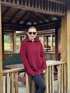 Fermuarlı uzun Saç Örgü  kazak Bordo