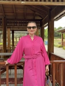 Fuşya İtalyan keten kemerli gömlek elbise