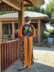 Viskon Tablo tasarım oversize elbise turuncu