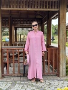 Pembe İtalyan keten kemerli gömlek elbise