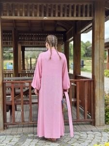 Pembe İtalyan keten kemerli gömlek elbise