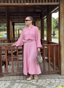 Pembe İtalyan keten kemerli gömlek elbise