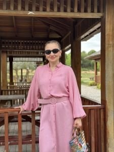 Pembe İtalyan keten kemerli gömlek elbise