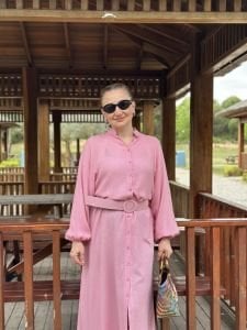 Pembe İtalyan keten kemerli gömlek elbise