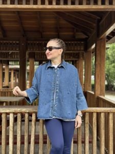 Orijinal Kalp işlemeli Kot Gömlek Mavi