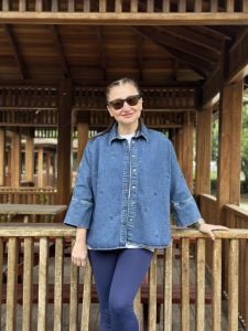 Orijinal Kalp işlemeli Kot Gömlek Mavi