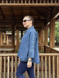 Orijinal Kalp işlemeli Kot Gömlek Mavi