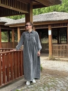 Liya fermuarlı kot elbise gri