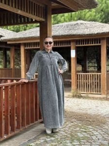 Liya fermuarlı kot elbise gri