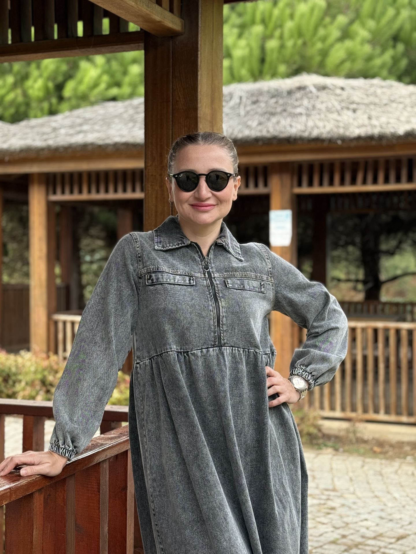 Liya fermuarlı kot elbise gri