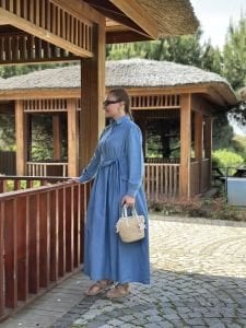 Tensel kot kuşaklı elbise Açık Mavi