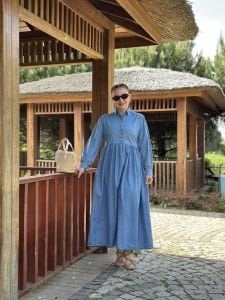 Tensel kot kuşaklı elbise Açık Mavi