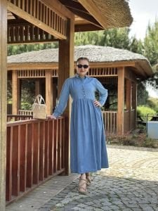 Tensel kot kuşaklı elbise Açık Mavi
