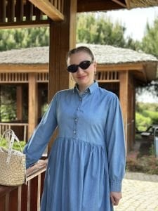 Tensel kot kuşaklı elbise Açık Mavi