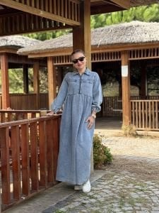 Liya fermuarlı kot elbise yıkama mavi