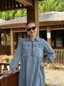 Liya fermuarlı kot elbise yıkama mavi