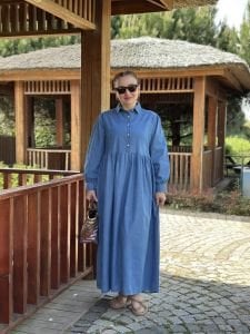 Tensel kot kuşaklı elbise Koyu Mavi