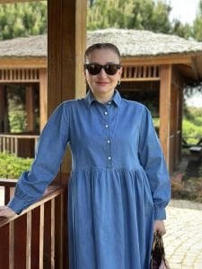 Tensel kot kuşaklı elbise Koyu Mavi