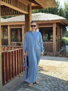 Tensel kot kemerli düğmeli elbise A.Mavi