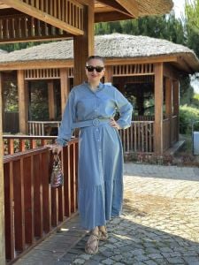 Tensel kot kemerli düğmeli elbise A.Mavi