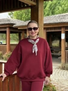 Yaka Fularlı Eşofman Takımı Bordo