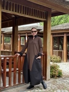 Fermuarlı Oysho tasarım elbise kahve