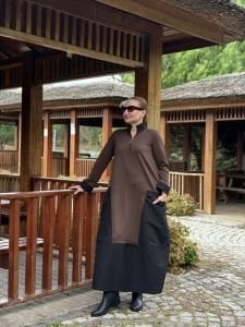 Fermuarlı Oysho tasarım elbise kahve