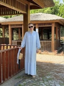 Tensel pamuk kemerli düğmeli elbise bebe mavi