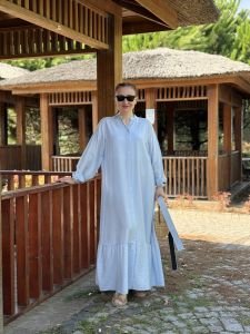 Tensel pamuk kemerli düğmeli elbise bebe mavi