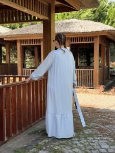 Tensel pamuk kemerli düğmeli elbise bebe mavi