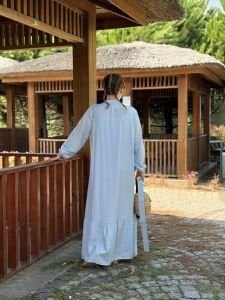 Tensel pamuk kemerli düğmeli elbise bebe mavi