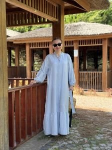 Tensel pamuk kemerli düğmeli elbise bebe mavi