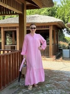 Tensel pamuk kemerli düğmeli elbise pembe