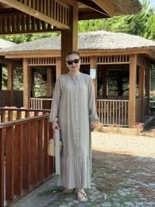 Tensel pamuk kemerli düğmeli elbise taş