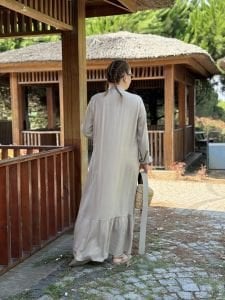 Tensel pamuk kemerli düğmeli elbise taş