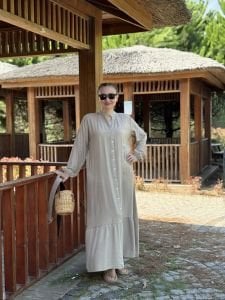 Tensel pamuk kemerli düğmeli elbise taş