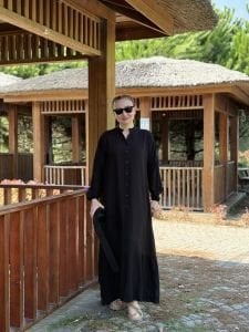 Tensel pamuk kemerli düğmeli elbise siyah