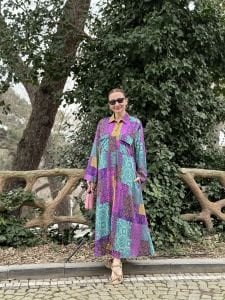 Mor-pembe Patchwork gömlek elbise