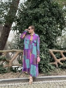 Mor-pembe Patchwork gömlek elbise