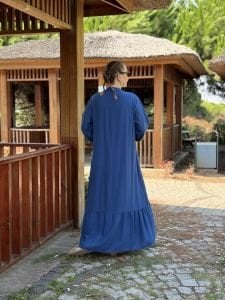 Tensel pamuk kemerli düğmeli elbise indigo