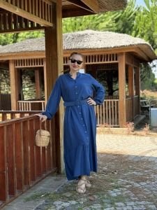 Tensel pamuk kemerli düğmeli elbise indigo
