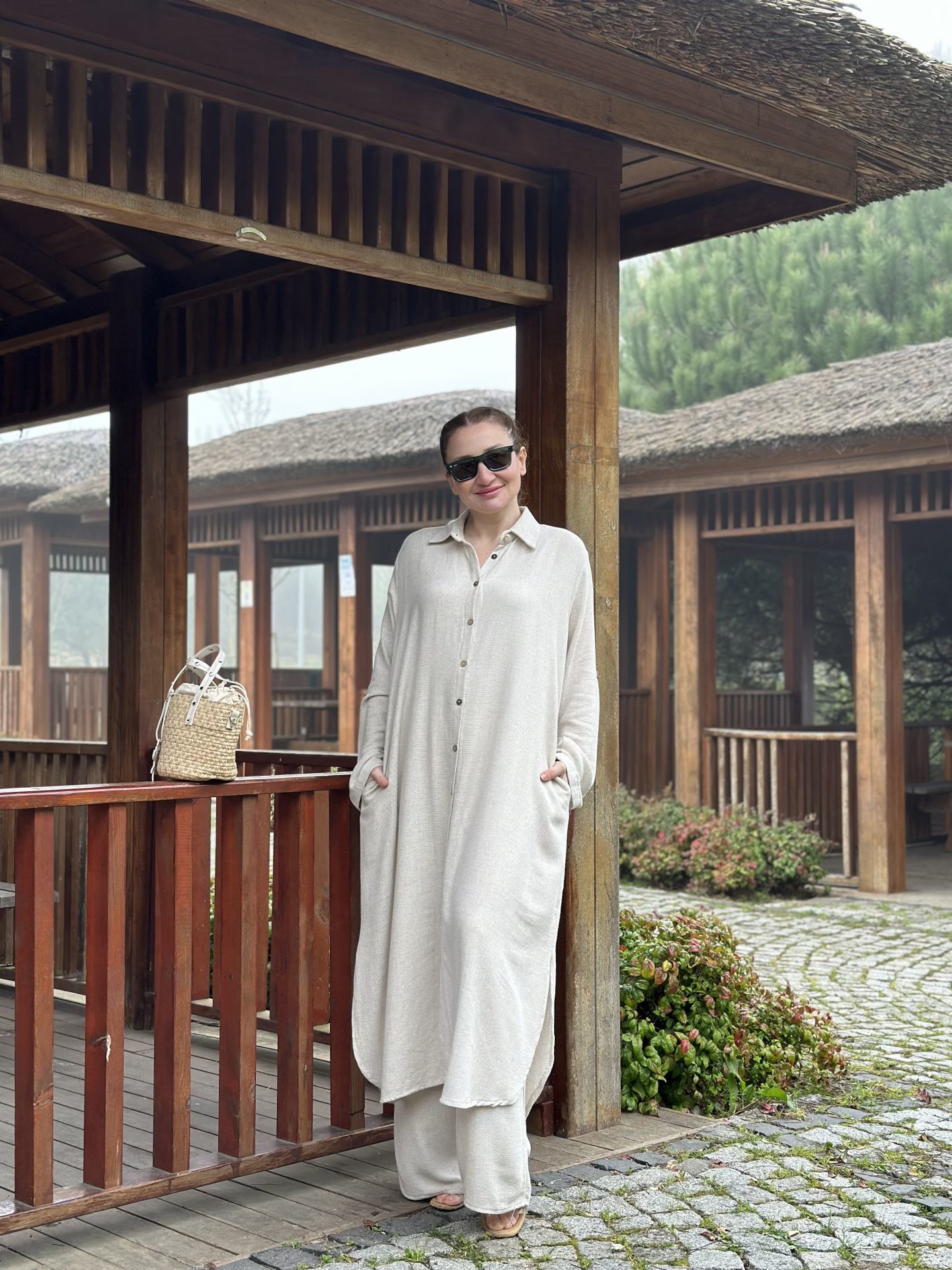 Pamuk keten oversize Takım bej