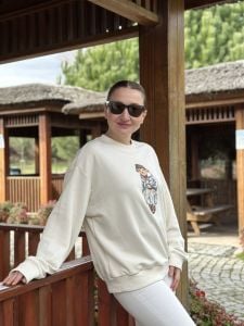 2 iplik pamuklu Krem Oversize teddy sweatshirt